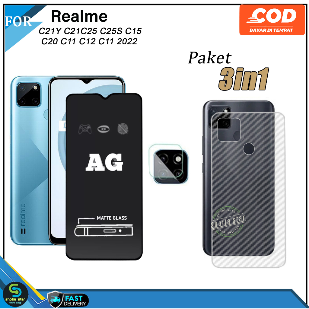 PAKET 3in1 Tempered Glass Ceramic Spy Realme C21 C21Y C25 C25s C15 C12 C11 C11 2022  Anti Gores Privacy Full Cover