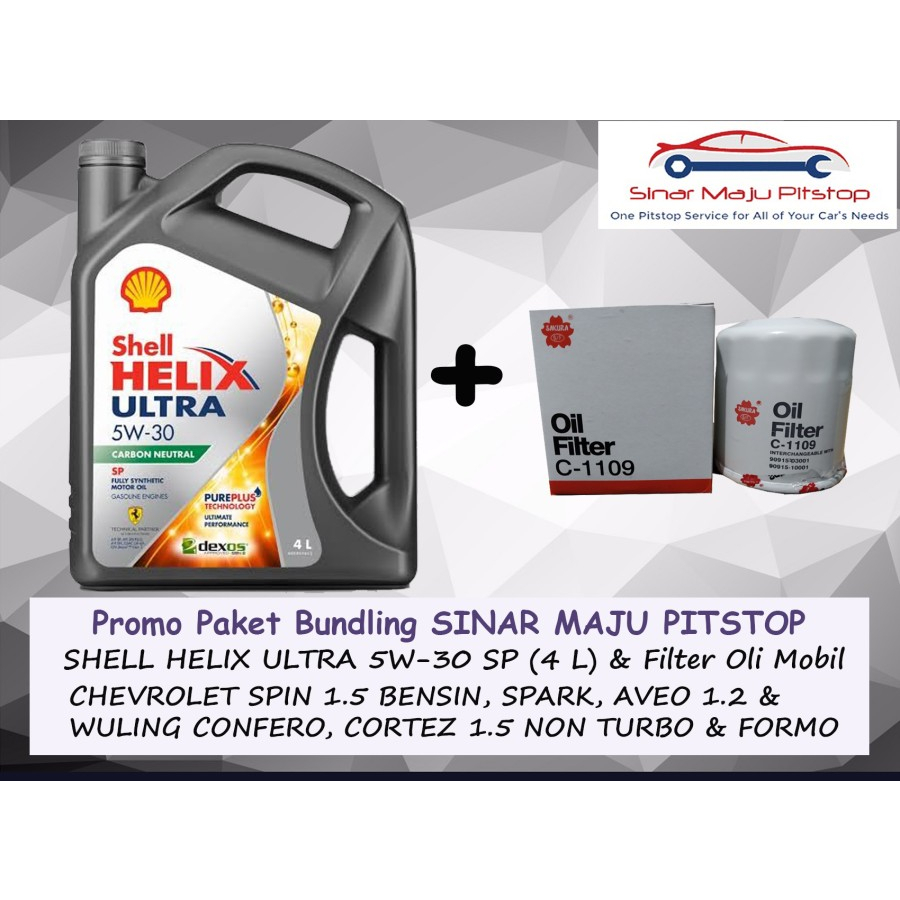 Paket Bundling Oli SHELL HELIX ULTRA HX8 5W-30 API SP Original 4 Liter & Filter Oli Mobil WULING COR
