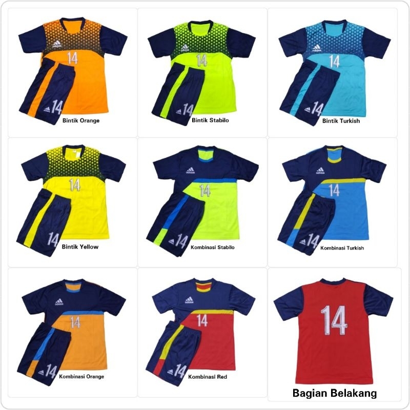 Kaos dan Celana Tim Futsal 12pcs Setelan Timset Sepakbola / Jersey Tim Bola 12 pemain / Team Set Football Baju seragam Tim 12 stel kaos dan celana nomor punggung dan nomor dada 2 s/d 14 all size fit to L