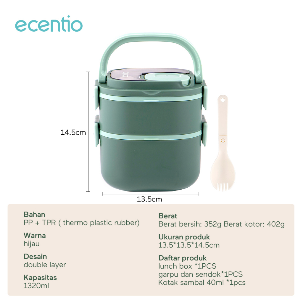 ecentio 2 susun Kotak Makan Dengan Sendok Gratis Anti Tumpah Rantang Susun Plastik Portable 1320ml BPA free