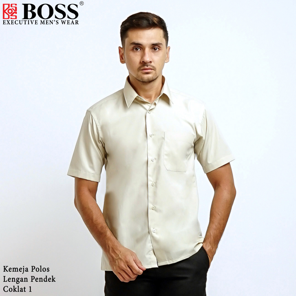 BOSS Kemeja Polos Pria Lengan Pendek Regular Fit Coklat