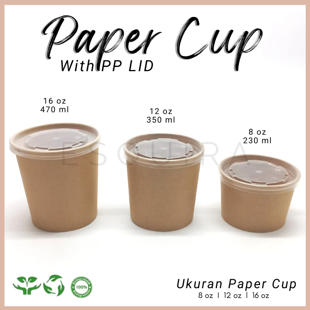 (10pcs) Kraft Paper Cup + PP LID Food Grade 8Oz, 12Oz, 16Oz