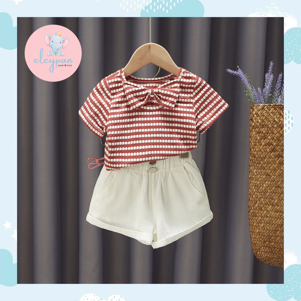 Setelan Celana Anak Perempuan Import Set Baju Kaos Pita Merah Putih Anak Cewek