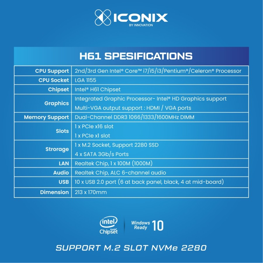Motherboard Iconix H61 LGA 1155 Slot NVME
