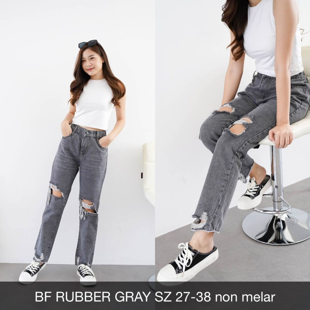 CELANA JEANS WANITA UKURAN NORMAL &amp; JUMBO BF RUBBER GRAY-SYSCLOTHIER