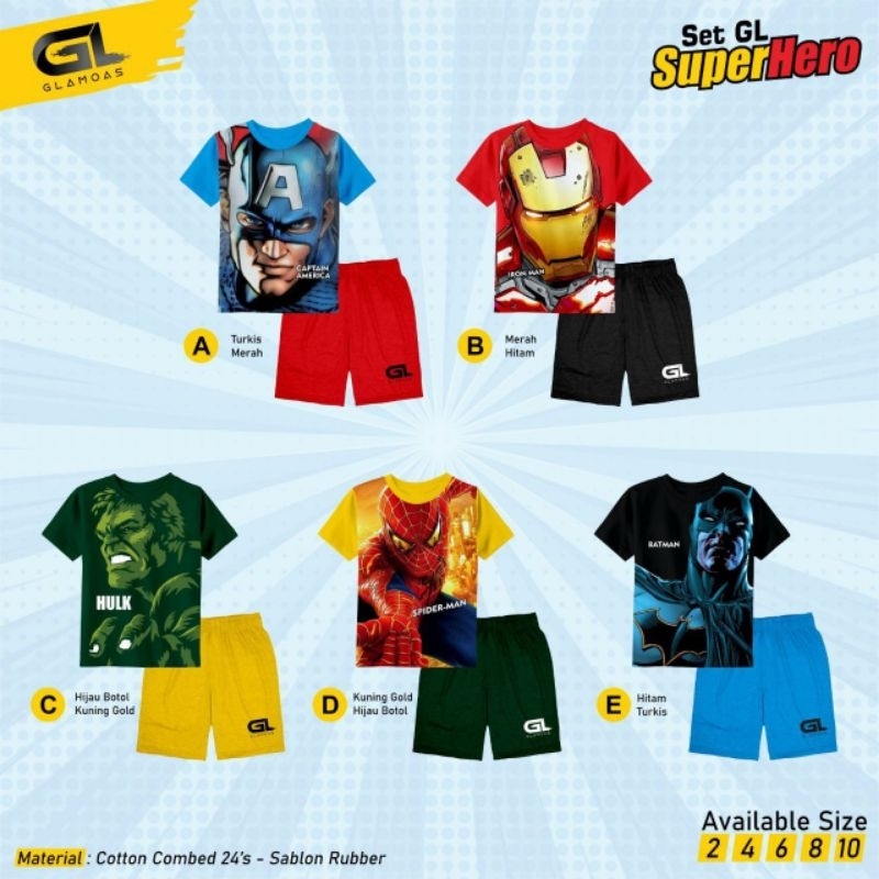Glamoas Superhero, set celana pendek dan kaos untuk anak laki dengan gambar superhero