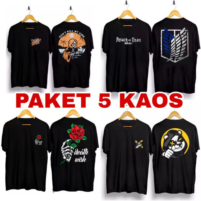 PAKET 5 KAOS MOTIF SABLON DEPAN BELAKANG