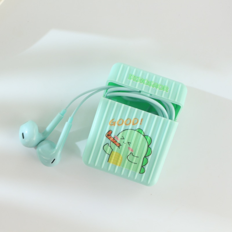 [ KI 382 ] Set Headset Earphone karakter  Dinosaurus  SERIES + Wadah penyimpanan Earphone Motif in ear