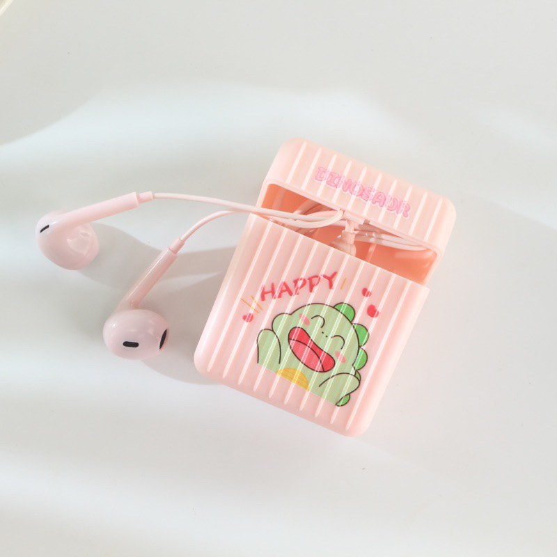 [ KI 382 ] Set Headset Earphone karakter  Dinosaurus  SERIES + Wadah penyimpanan Earphone Motif in ear