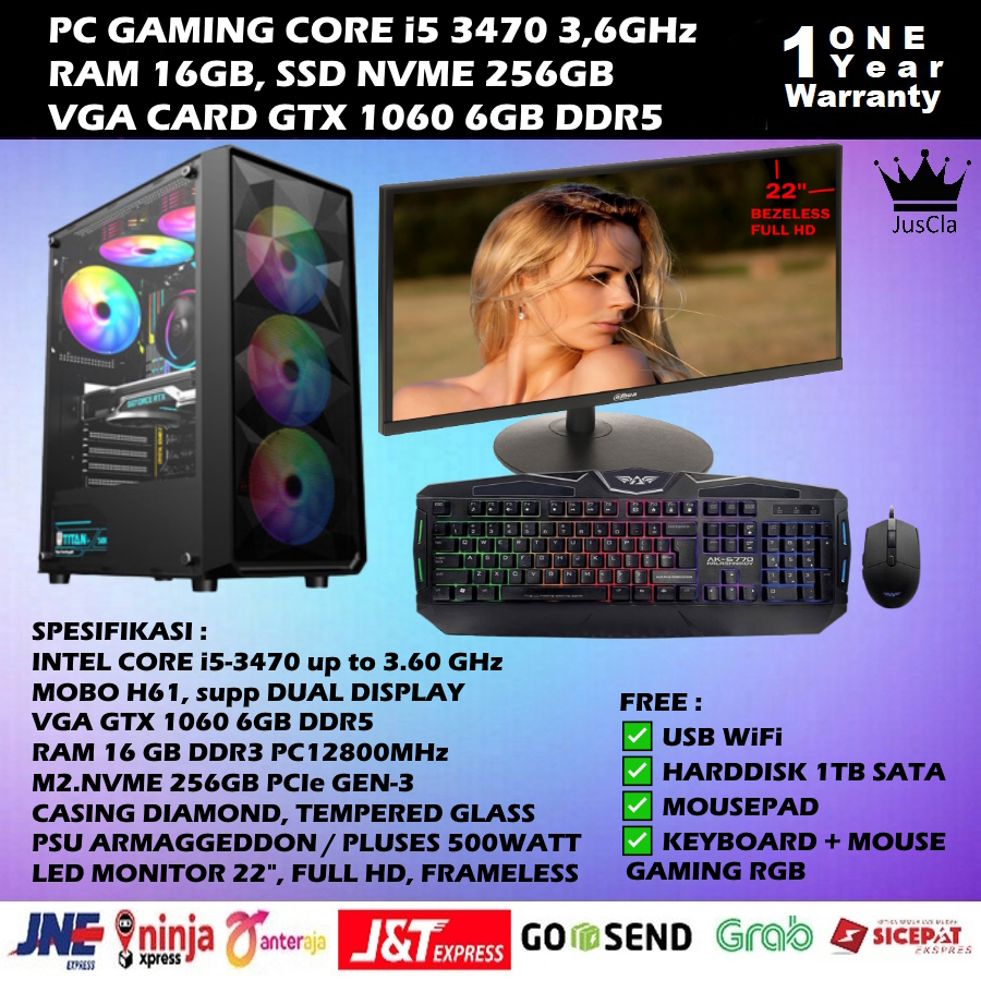 PC GAMING CORE i5-3470 3,6GHz|RAM 16GB|NVME 256GB|VGA GT1060 6GB|HDD 1TB|KEY+MOUSE GAMING|USB WiFi