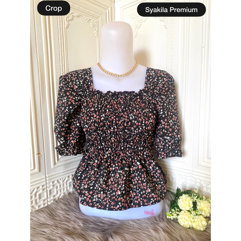 TOP CROP IMPORT ATASAN SABRINA SERUT KOREAN FASHION BLOUSE SMOKE