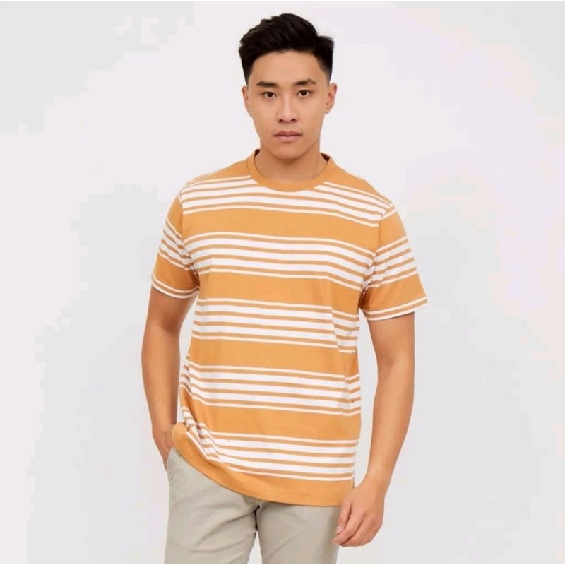 M231 Kaos Pria Cowok Lengan Pendek Garis T-Shirt Stripe Coklat 2172B