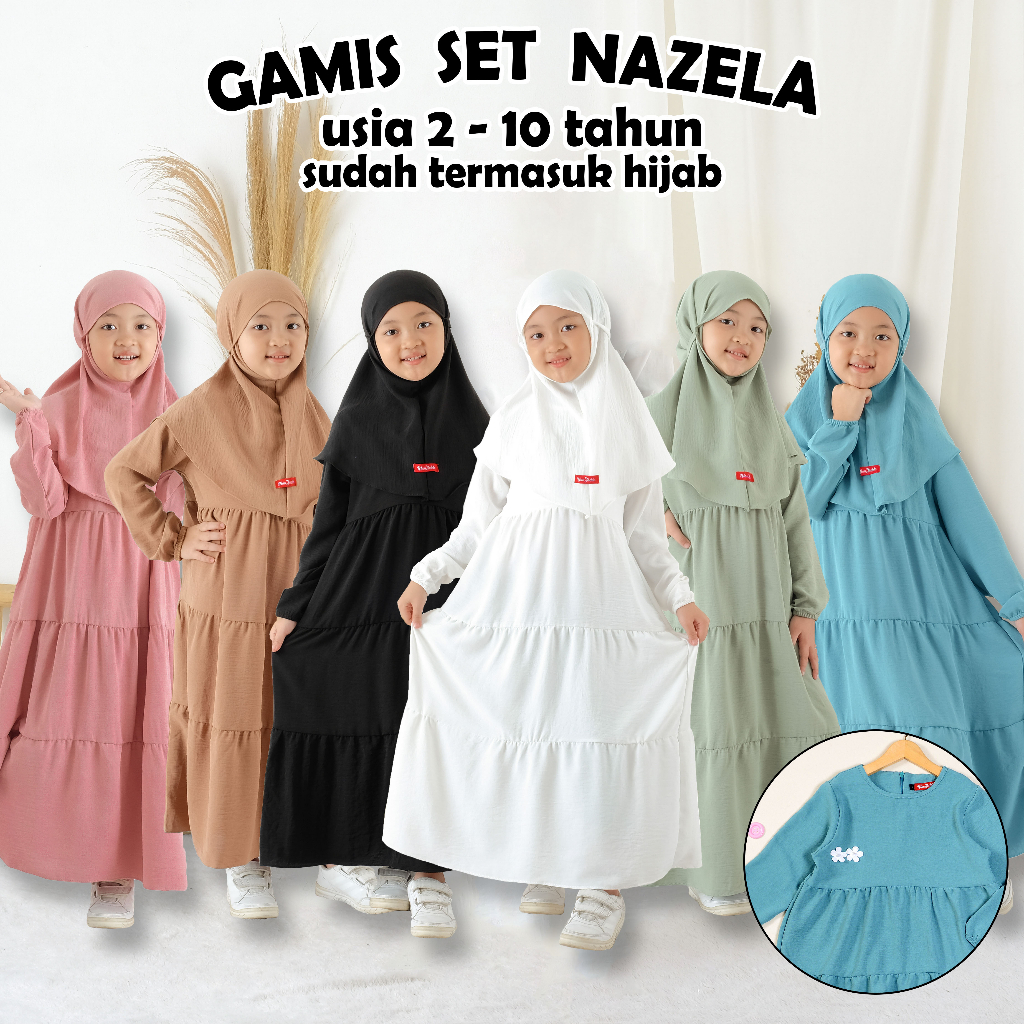 Foto Ramadhan SALE  - Man Jadda Setelan Baju Gamis Anak dan Hijab 2-10 Tahun Crinkle Airflow Stelan Gamis Manasik Anak Nazeela Series