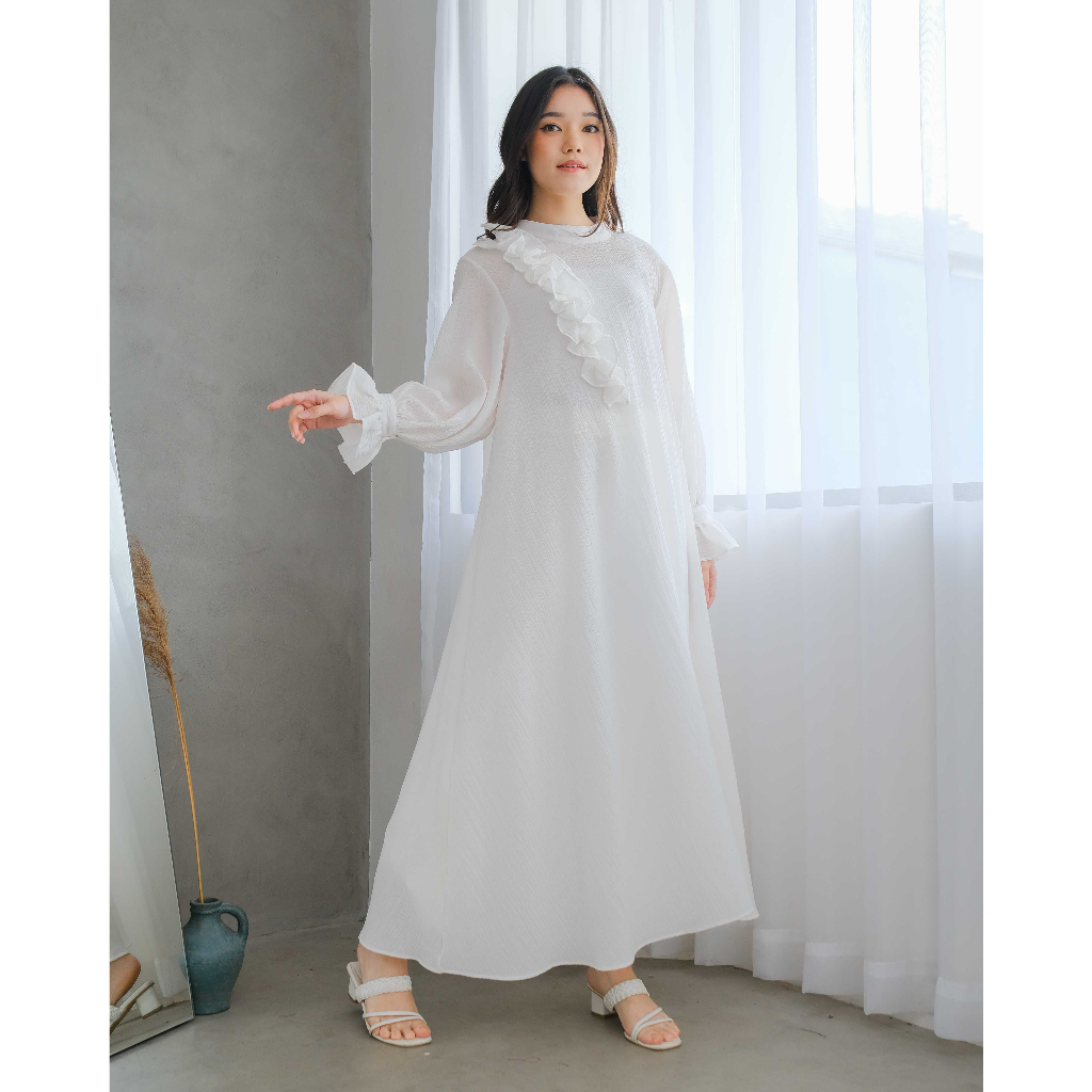 Mayoutfit Vezy Mididress | Dress Gamis Flowy Frill Kerut-Bwhite