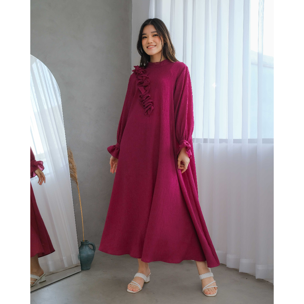 Mayoutfit Vezy Mididress | Dress Gamis Flowy Frill Kerut-Plum