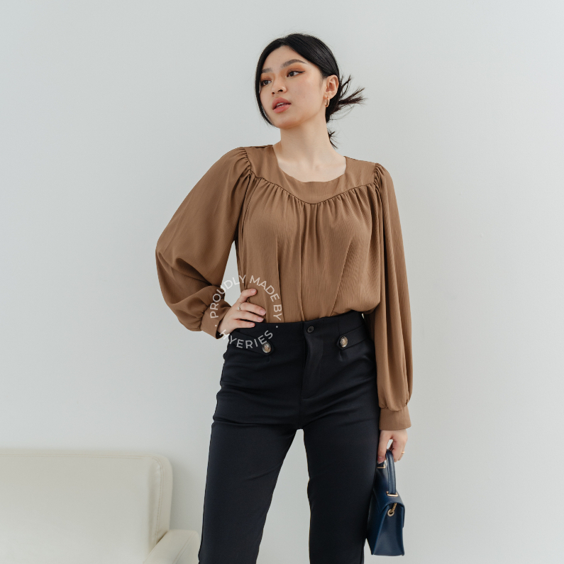 [HYERIES] Wonyoung top / Atasan casual wanita korea / puffy sleeve top / atasan lengan balon panjang / blouse wanita / puff sleeves top oneck / korean top / blouse kerja / atasan kantor / pakaian kasual wanita / korea blouse / oversized top jumbo big size