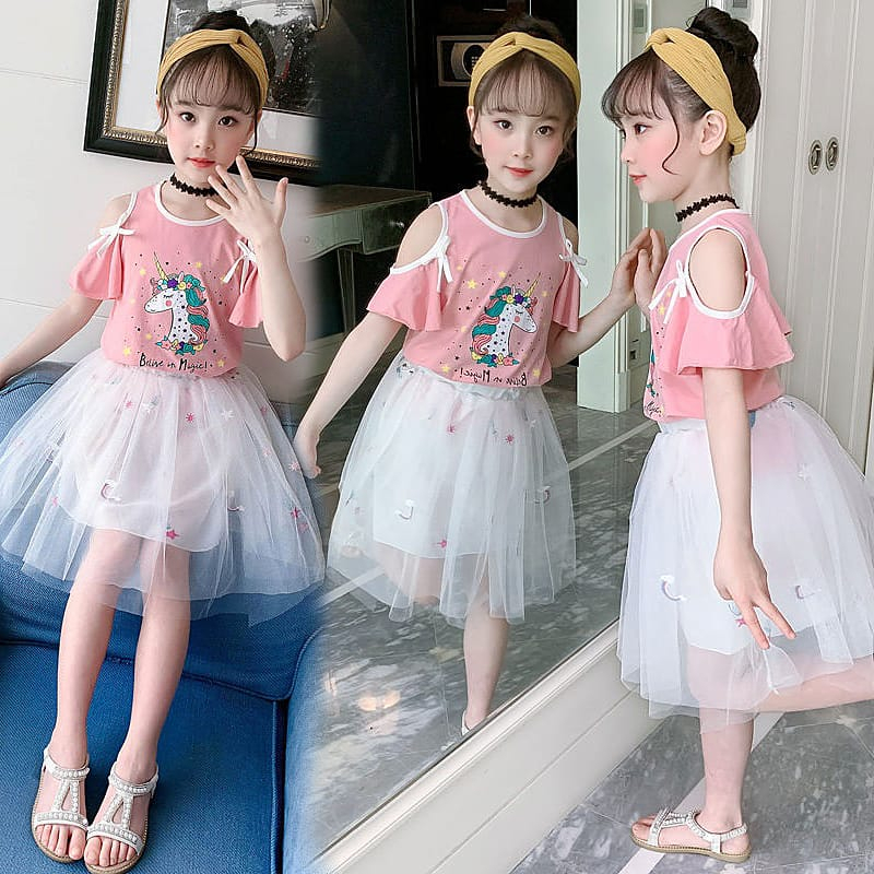 Setelan Rok Tutu Anak Perempuan Unicorn Magic Pink White