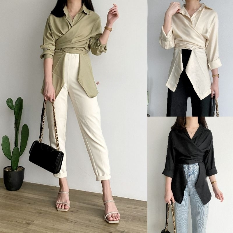 RX FASHION - KAYLA CROP SHIRT TWISTCONE / KEMEJA TALI SILANG LENGAN PANJANG / KEM WANITA - PN