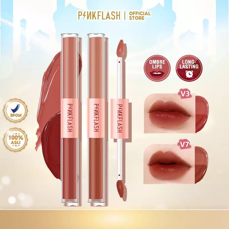 PINKFLASH DoubleSense 2 IN 1 Dual-ended Lipstick ombrelips Liquid Matte lipstik Velvet Tint Lightweight High Pigment Lasting / BB