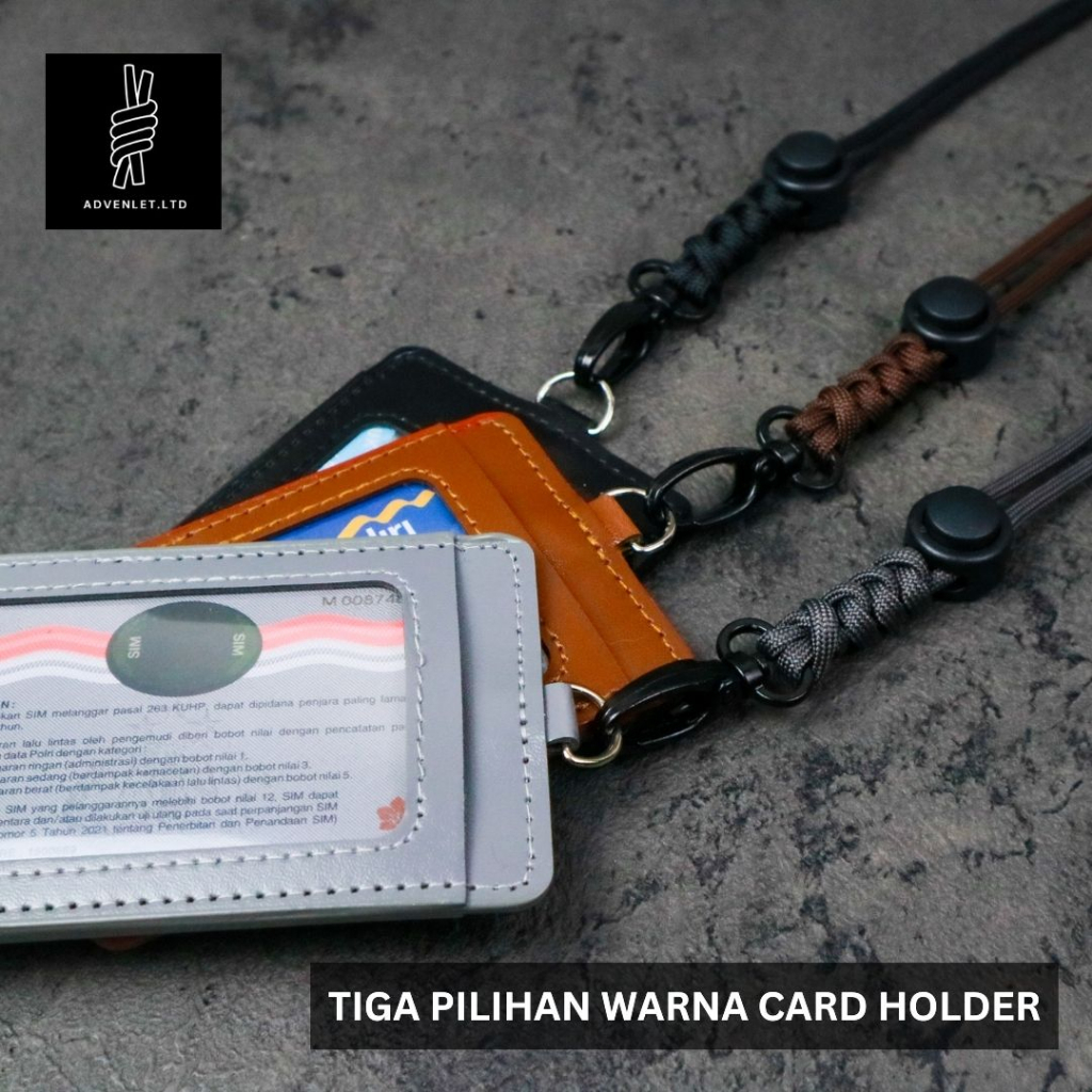 Lanyard ID Card Paracord 4mm Gantungan Tali Nametag Holder Leather PU Kulit Sintetis 2 Sisi Slot Kartu