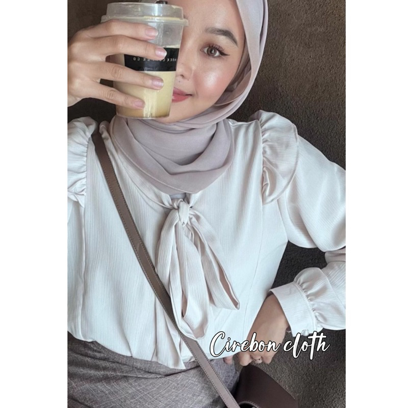 LEIVY KOREAN BLOUSE RIBBON - Cirebon Cloth - KEMEJA AIRFLOW CRINKLE ATASAN WANITA RUFFLE PITA AESTHETIC