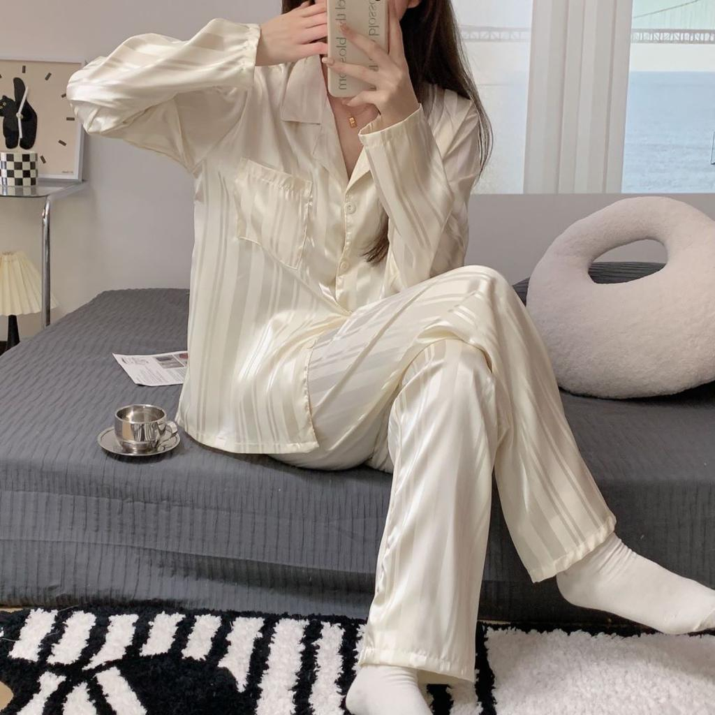 010 Luxury Sleepwear Kelas Atas Piyama Satin Lengan Panjang Celana Panjang Kerah Motif Garis Kancing Hidup Bahan Satin High Quality Piyama Import/ Baju Tidur Import / Baju Tidur Murah / Piyama Set / piyama wanita /Piyama Satin/Baju Tidur Set