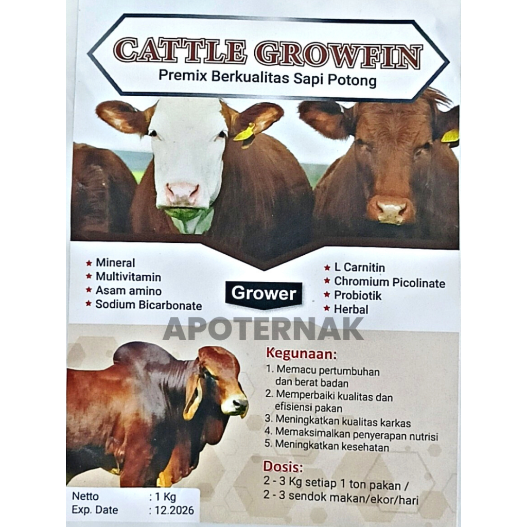 PREMIX CATTLE GROWFIN 1 Kg Suplemen Penambah bobot karkas sapi potong dan peningkat jumlah susu sapi perah