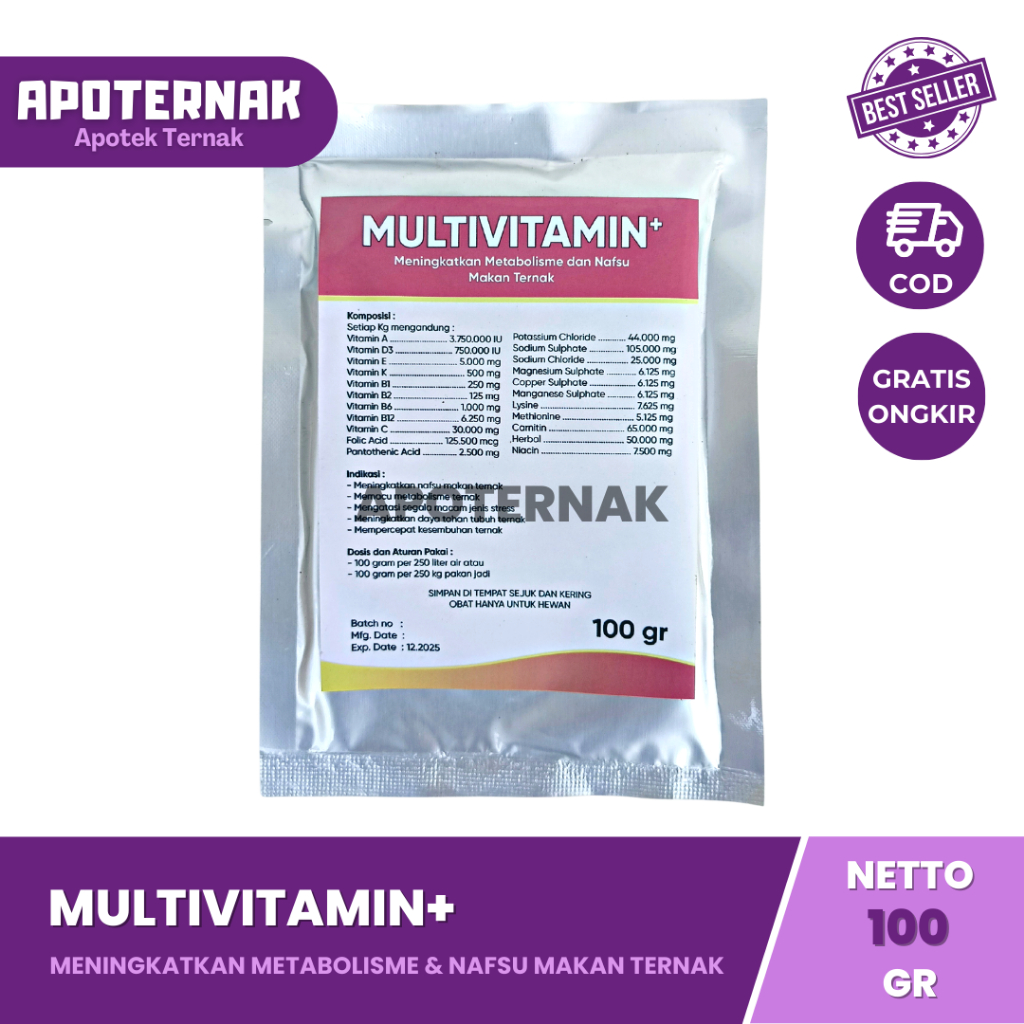 MULTIVITAMIN PLUS 100 gr - Suplemen Multivitamin+ dan Elektrolit untuk Nafsu Makan Ternak Kambing Domba Sapi