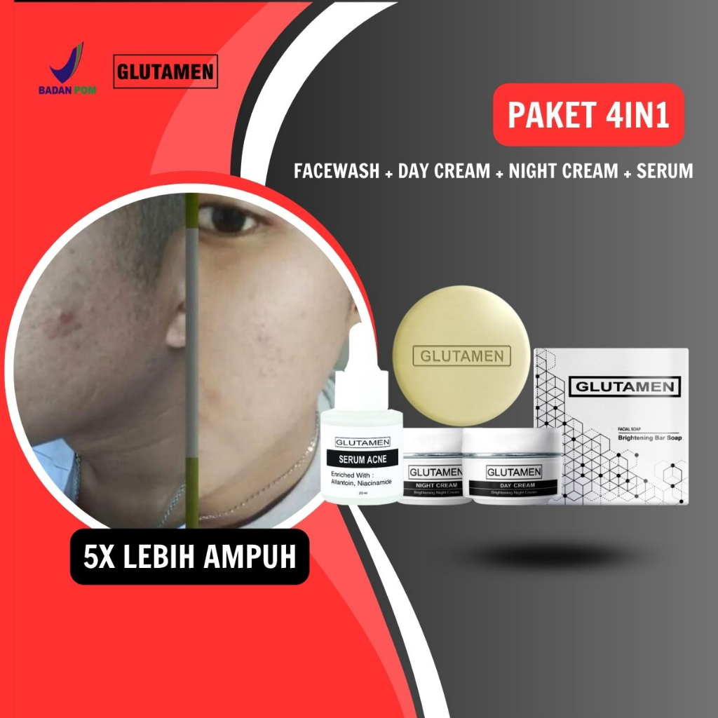 Paket 4in1 Glutamen Skincare BPOM Paket Sabun Cream Serum Pria Pemutih Wajah Glowing Kusam Krim Peng
