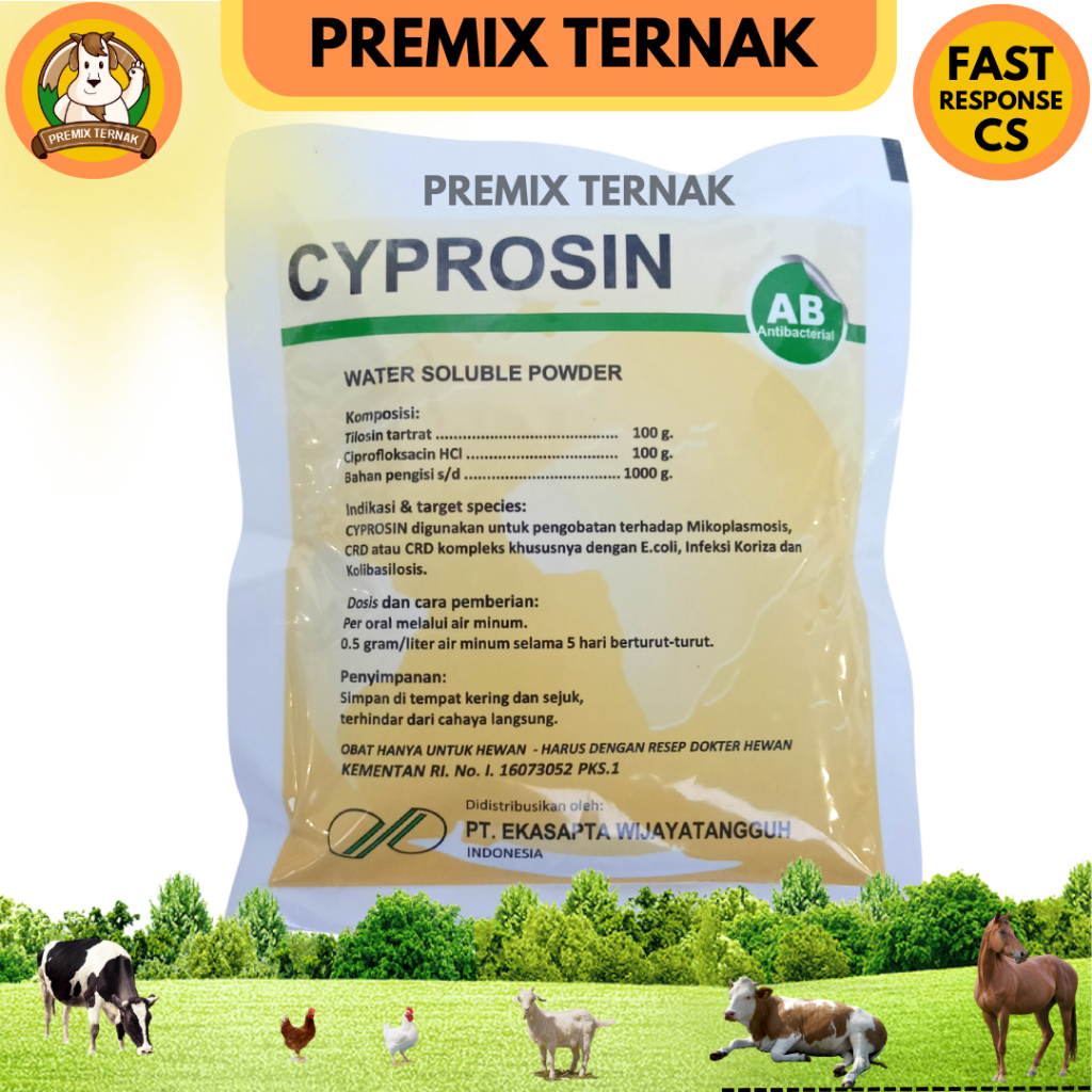 CYPROSIN 100 gr - Cyprofloxacin tylosin (obat crd coryza collibasilosis) - Obat ayam