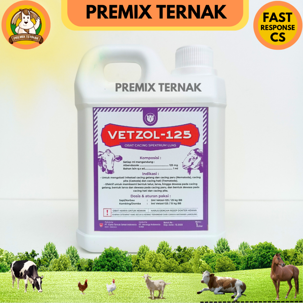 VETZOL 125 1 LITER - Obat Cacing Hewan Sapi Kambing Domba Babi Ayam - Ampuh