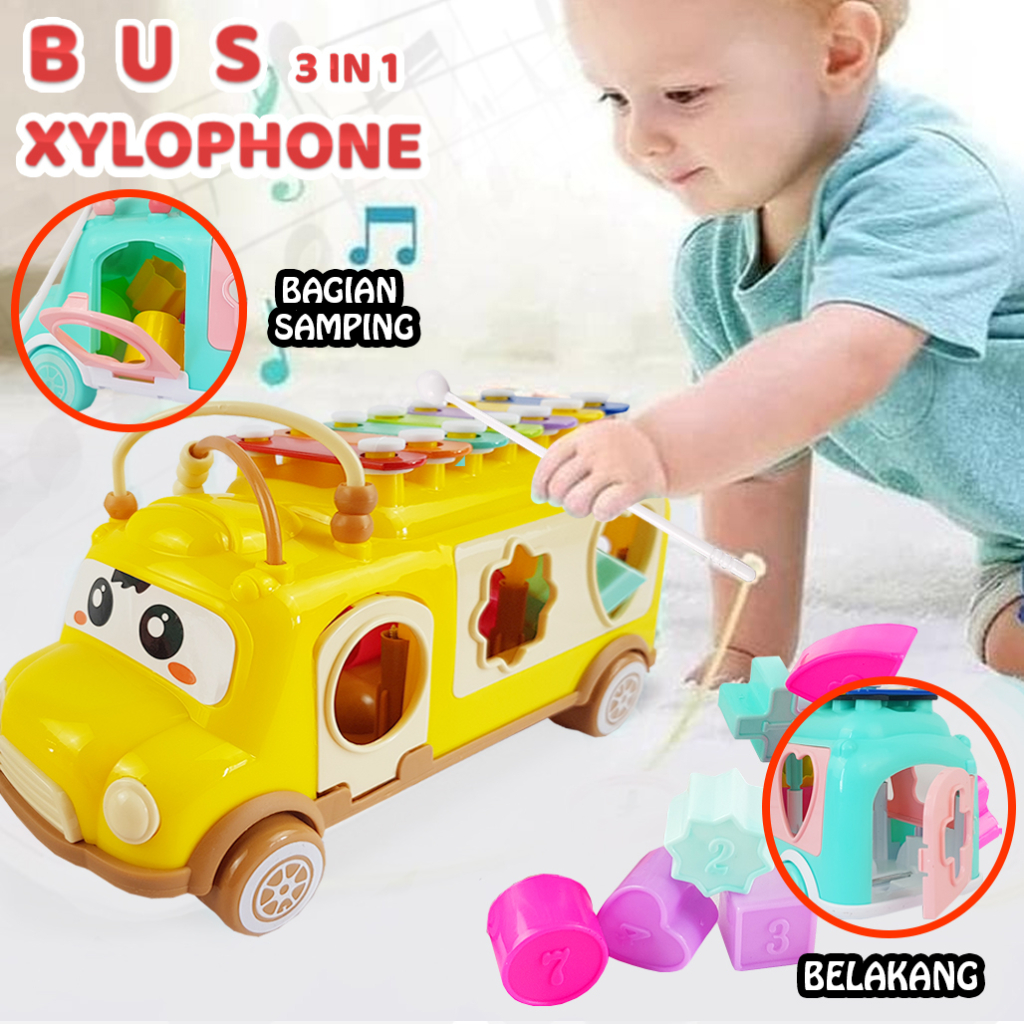 Mainan Bus Xylophone Mobil / Mainan 3in1 Musik/ Sorting Bentuk dan Alur kawat/ Mainan Anak Edukasi YE20