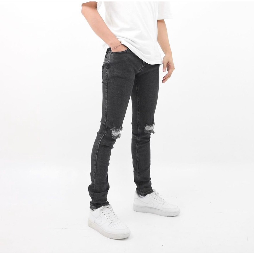 REBELONE - Celana Jeans Panjang Ripped Sobek Lutut Black Whisker - Celana Jeans Pria Sobek Distro Termurah Terlaris