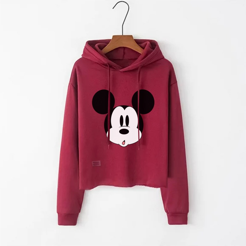 Sweater Crop Top Hoodie Mickey Bahan Frenchterry