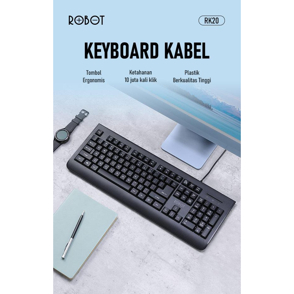 ROBOT Keyboard Berkabel / Portable Mini Office Wired Keyboard RK20 Ultra-Thin Original - Garansi Resmi 1 Tahun
