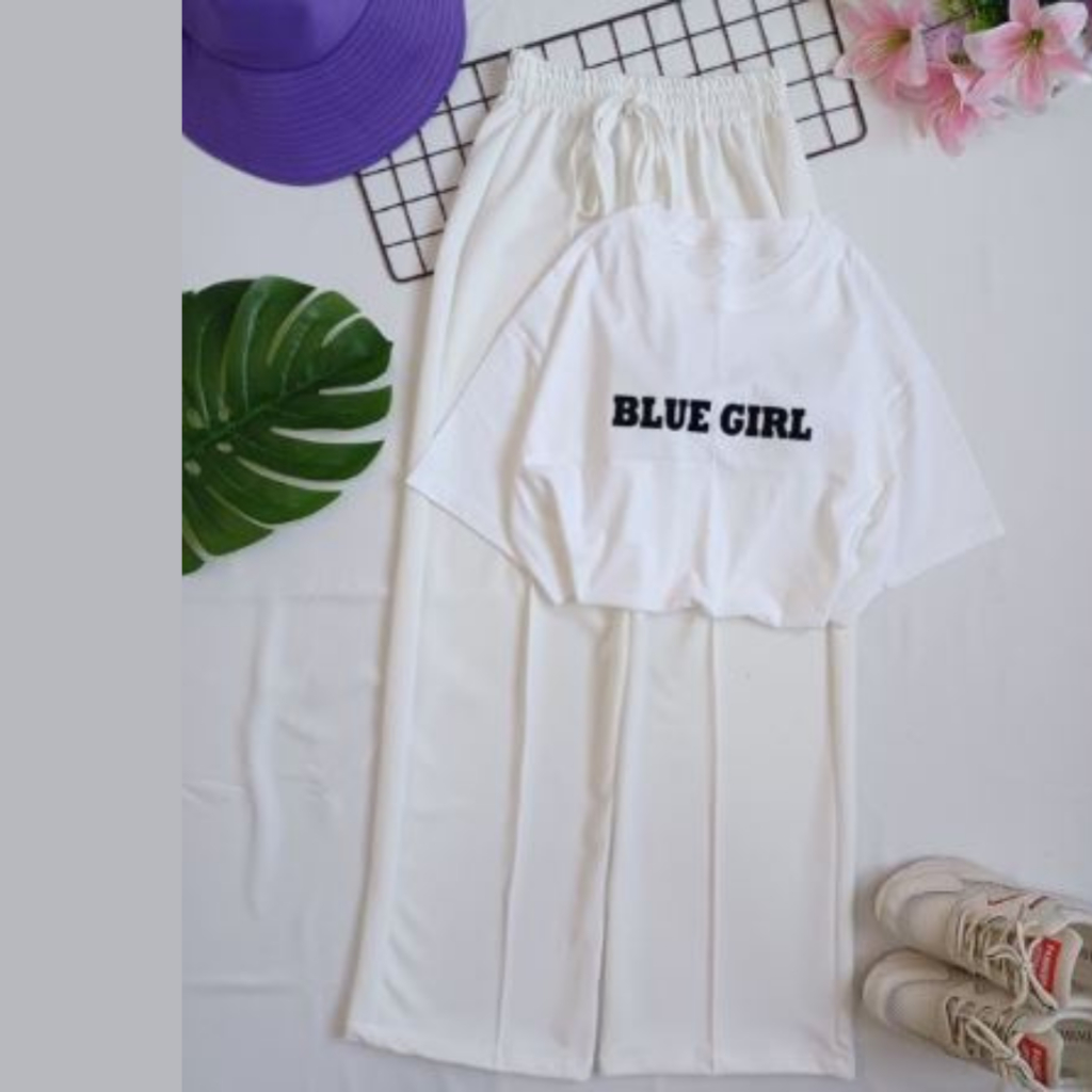 JBF Baju Crop Cewek Korea / One Set Crop Dan Celana Panjang Blue Girl