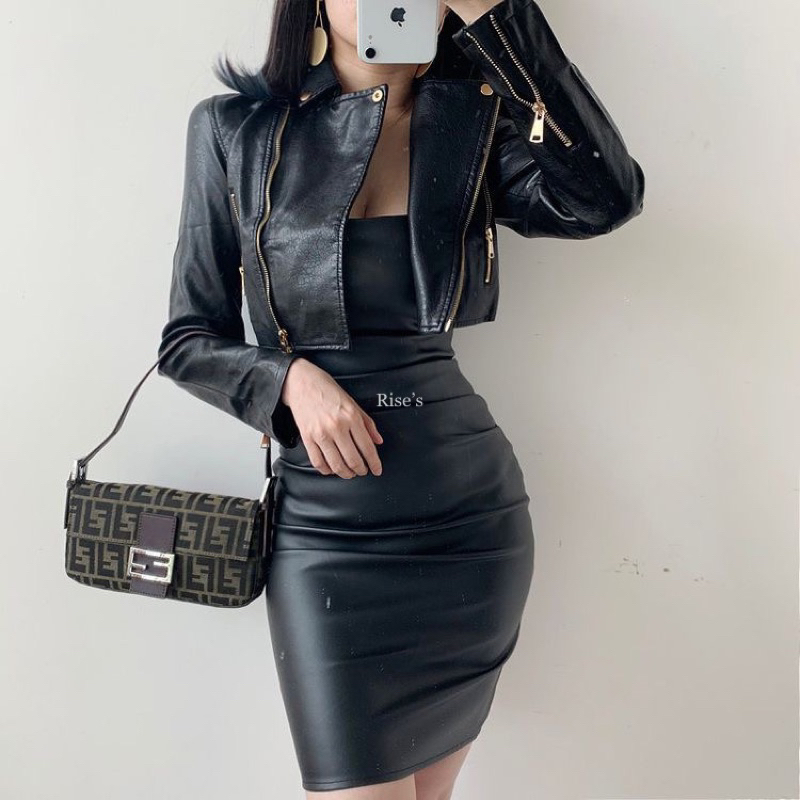 jacket kulit crop wanita / leather jacket