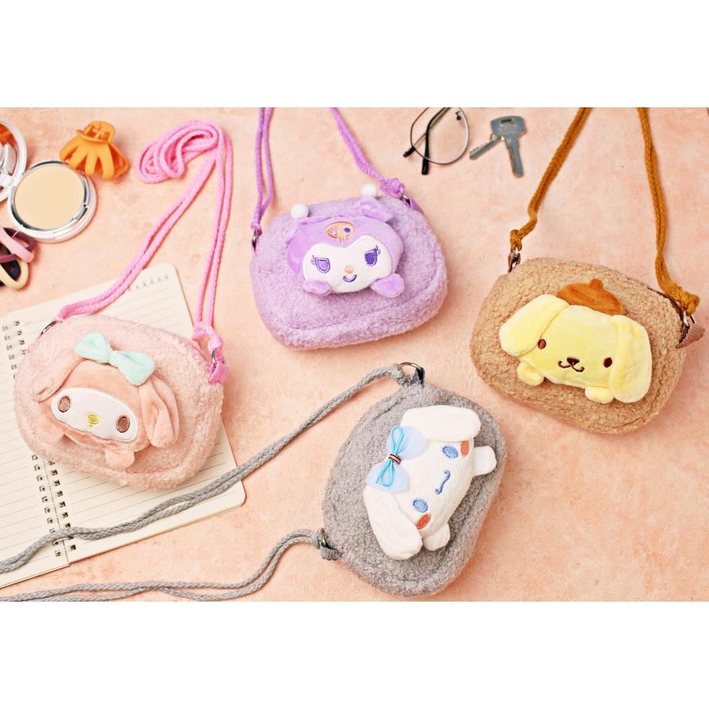 Tas Selempang Bulu Boneka Sanrio Melody Cinnamoroll Kuromi PomPurin Sling Bag Mini Anak Perempuan Lucu Bukan Import Terbaru