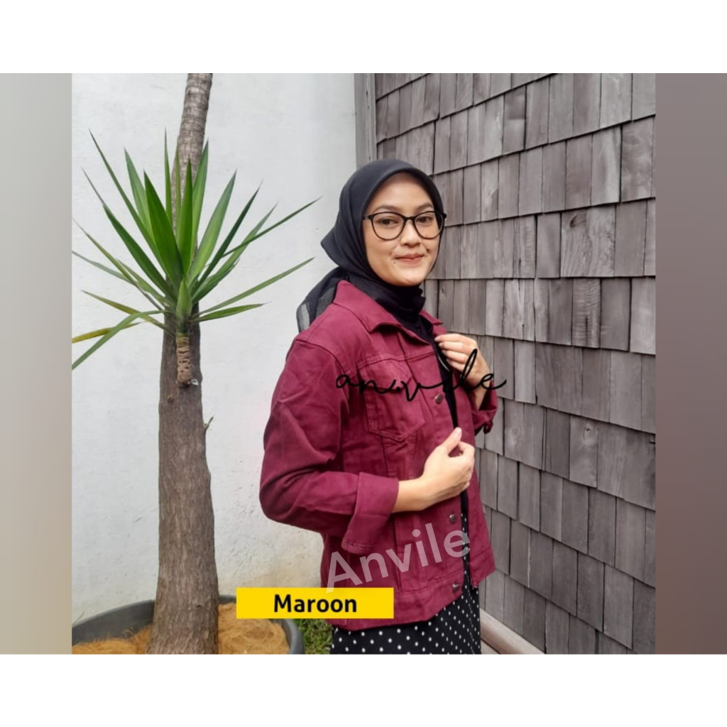 Jaket Jeans Wanita Crop Warna Maroon Polos Merah Jacket Denim Jins Body Fit Atasan Cewek Cropt Top