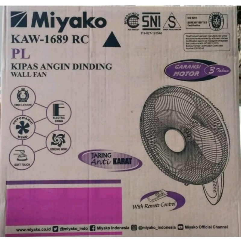 wall fan remote Miyako kaw 1662 PL ukuran 16inch