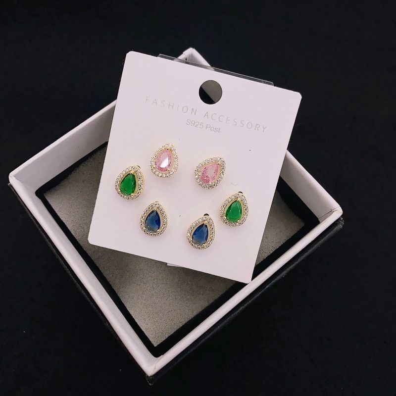 Anting Silver925 Perak isi 3set mata tanam kilau mirip emas asli Premium Quality Anti Karat anti alergi S408