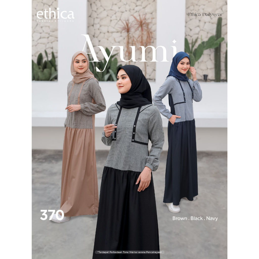 Ethica Ayumi 370 Gamis Wanita Warna Black Navy Brown Bahan Valdena Brice Polos Kombinasi OOTD Casual