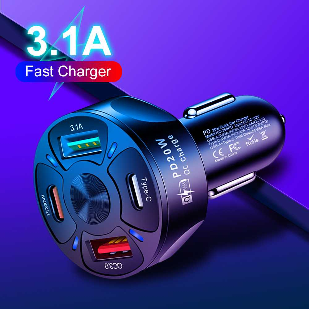 Car Charger Mobil USB Type-C Quick Charging 4 Port 20W Carger Isi Daya Baterai Perangkat Smartphone Berkualitas