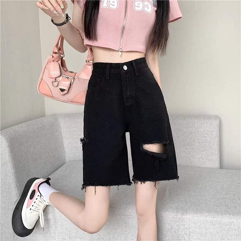 Celana Pendek Jeans Wanita Robek Highwaist Hitam Kekinian