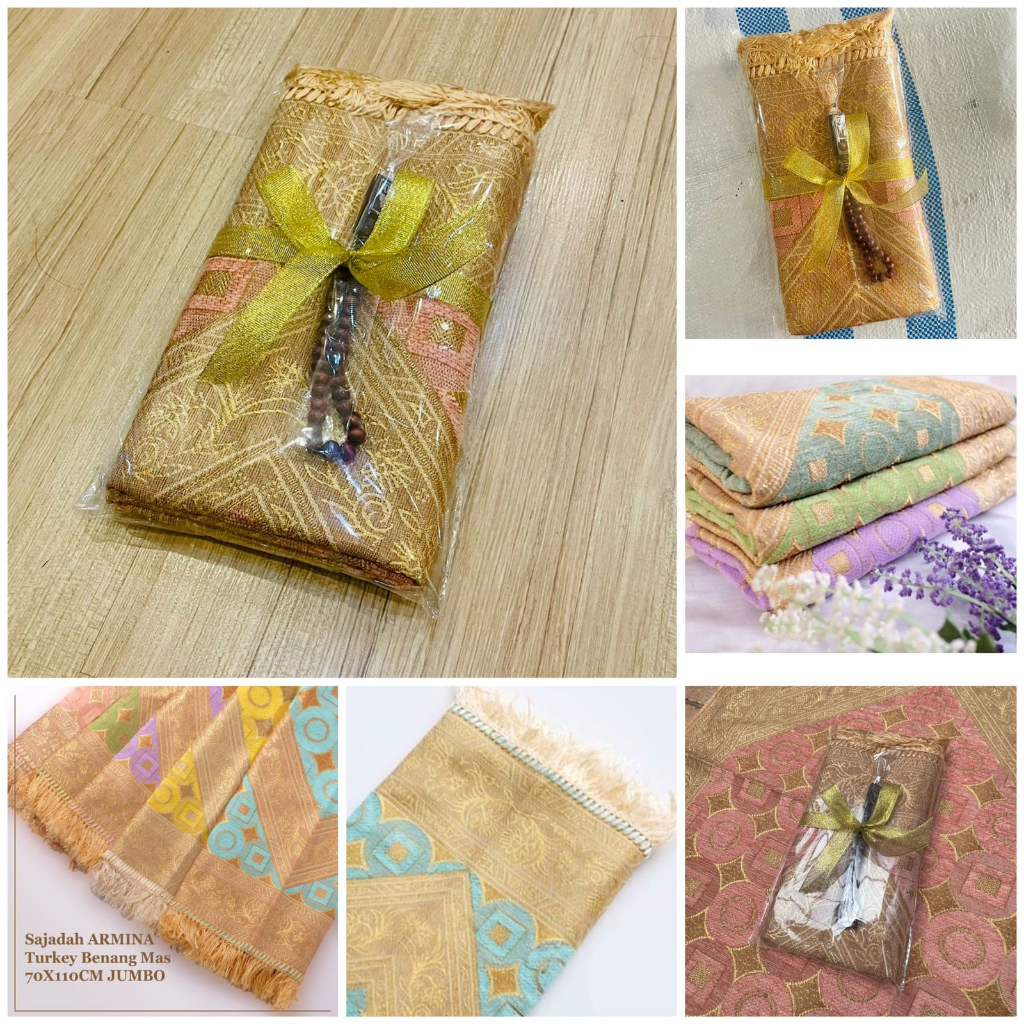 Paket Souvenir Sajadah ARMINA Turkey Benang Mas + Tasbih Pita persegi