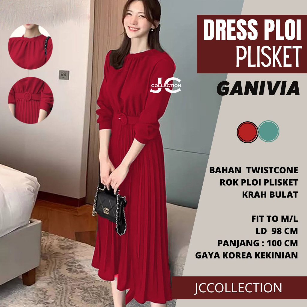 Long Dress ploi plisket lengan panjang wanita gaya korea Ganifia - JCCollections