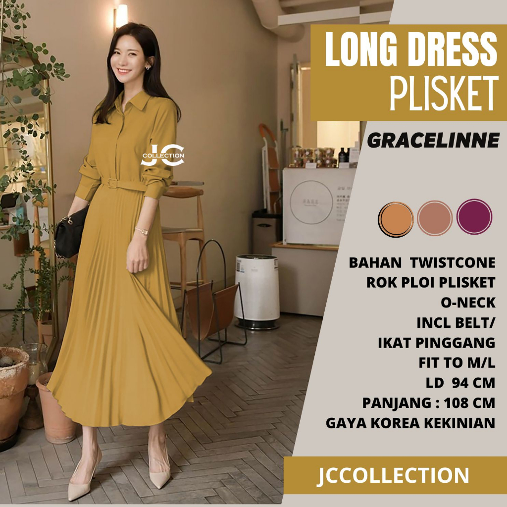 Maxi Dress Korea Style Plisket Terusan Long Dres Lengan Panjang Gracelinna JCCollections.id