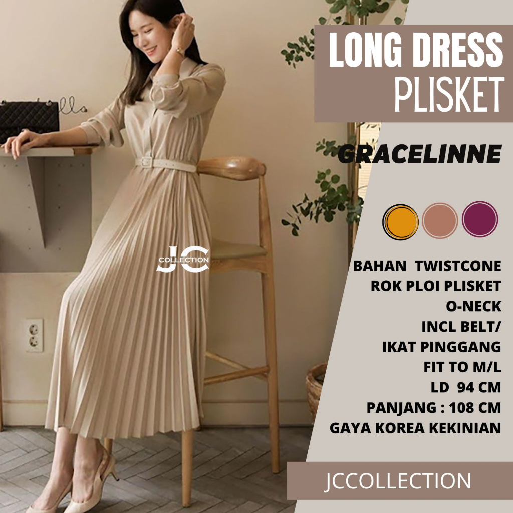 Maxi Dress Korea Style Plisket Terusan Long Dres Lengan Panjang Gracelinna JCCollections.id