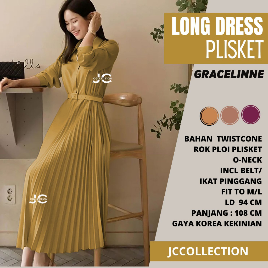 Maxi Dress Korea Style Plisket Terusan Long Dres Lengan Panjang Gracelinna JCCollections.id