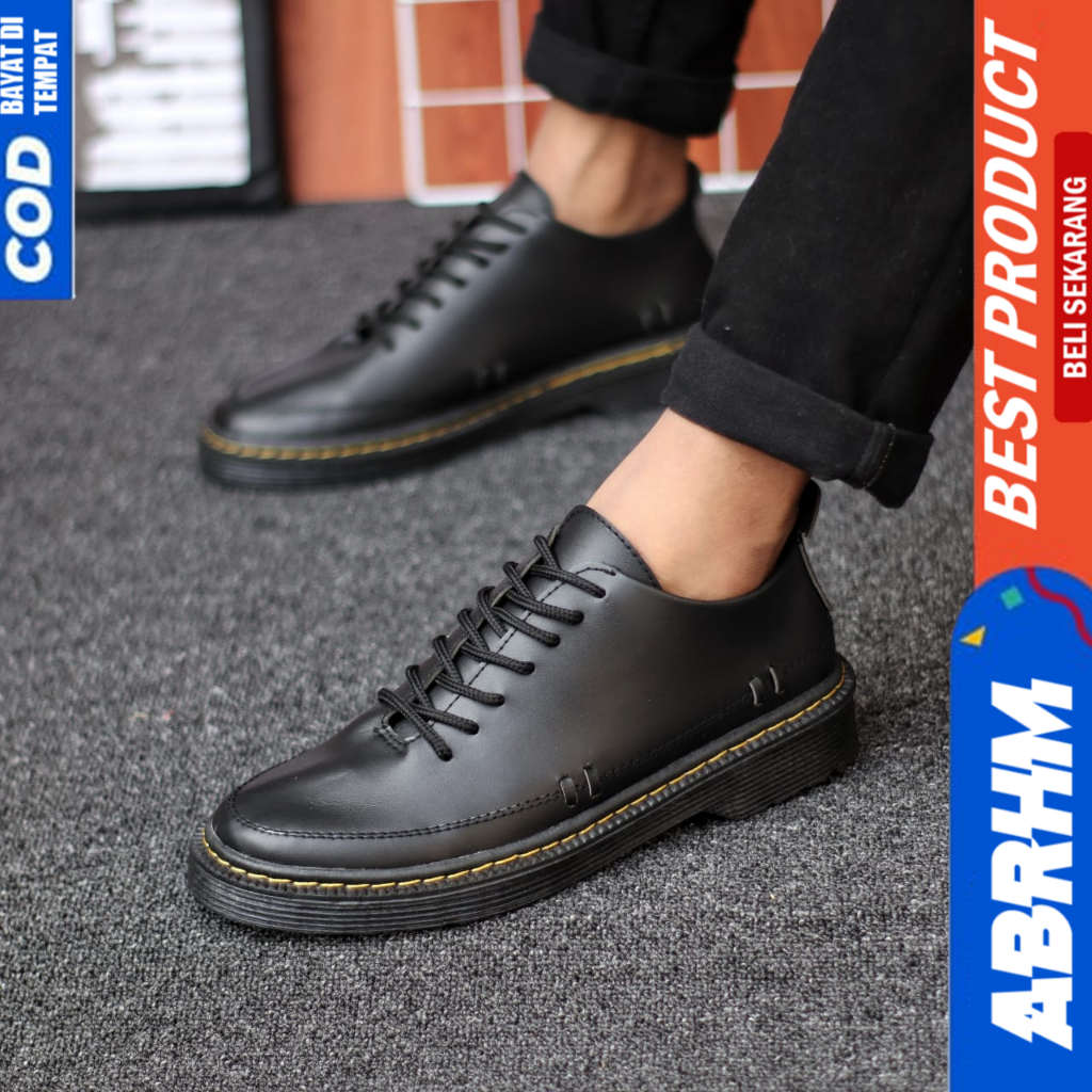 ABRHM Sepatu Docmart Hitam Tali Casual Kulit Pu Formal Pantofel Kerja Hitam Pria